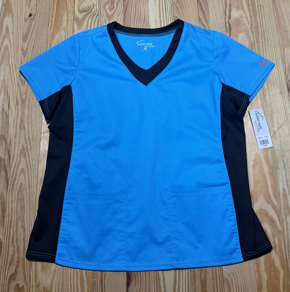 Scrubs Butter Soft Women's L Scrub Top Color block Blue Black Stretch NWT